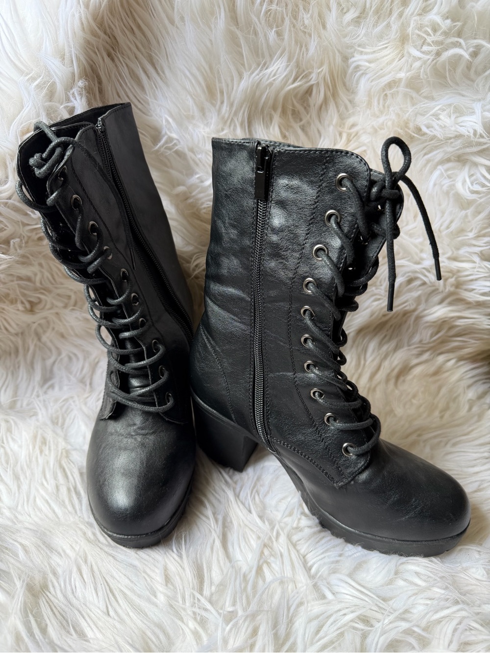 Black Lace-Up Chunky Heel Boots